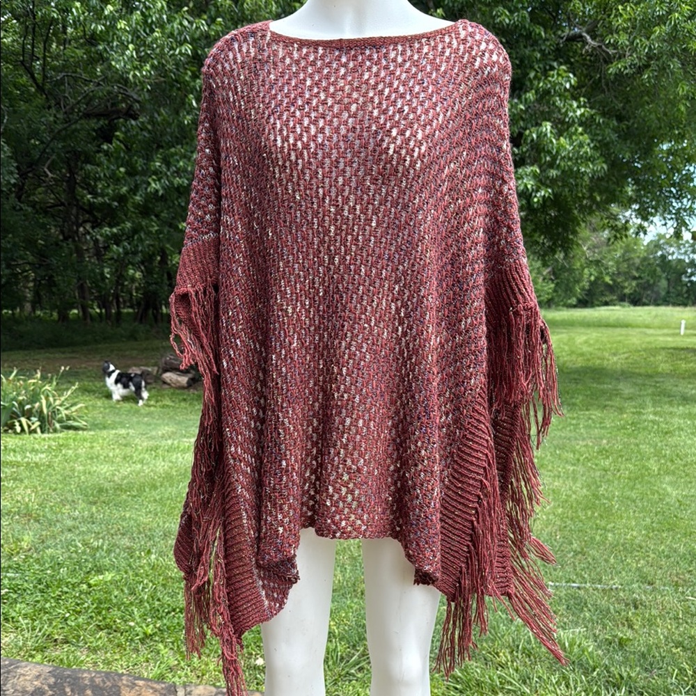 BKE Red Poncho Sweater with Asymmetrical Hem